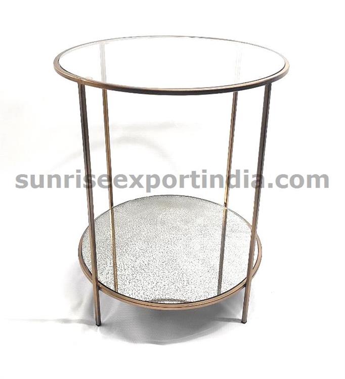 DUAL GLASS 4 LEG TABLE  BRASS ANTIQUE